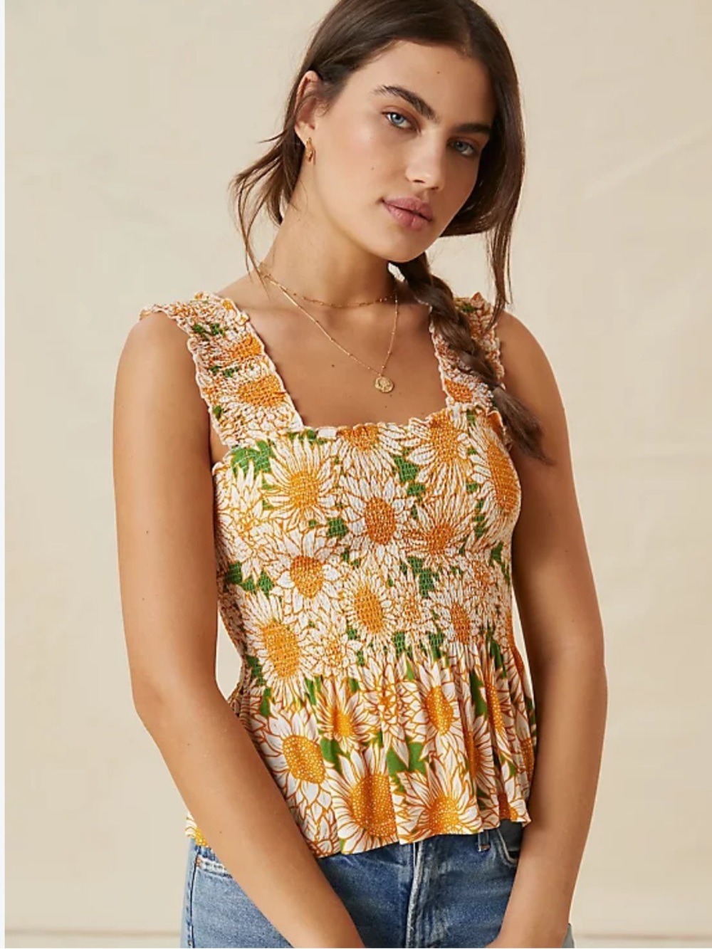 Smocked Floral Tank Top in Yellow and Cream by